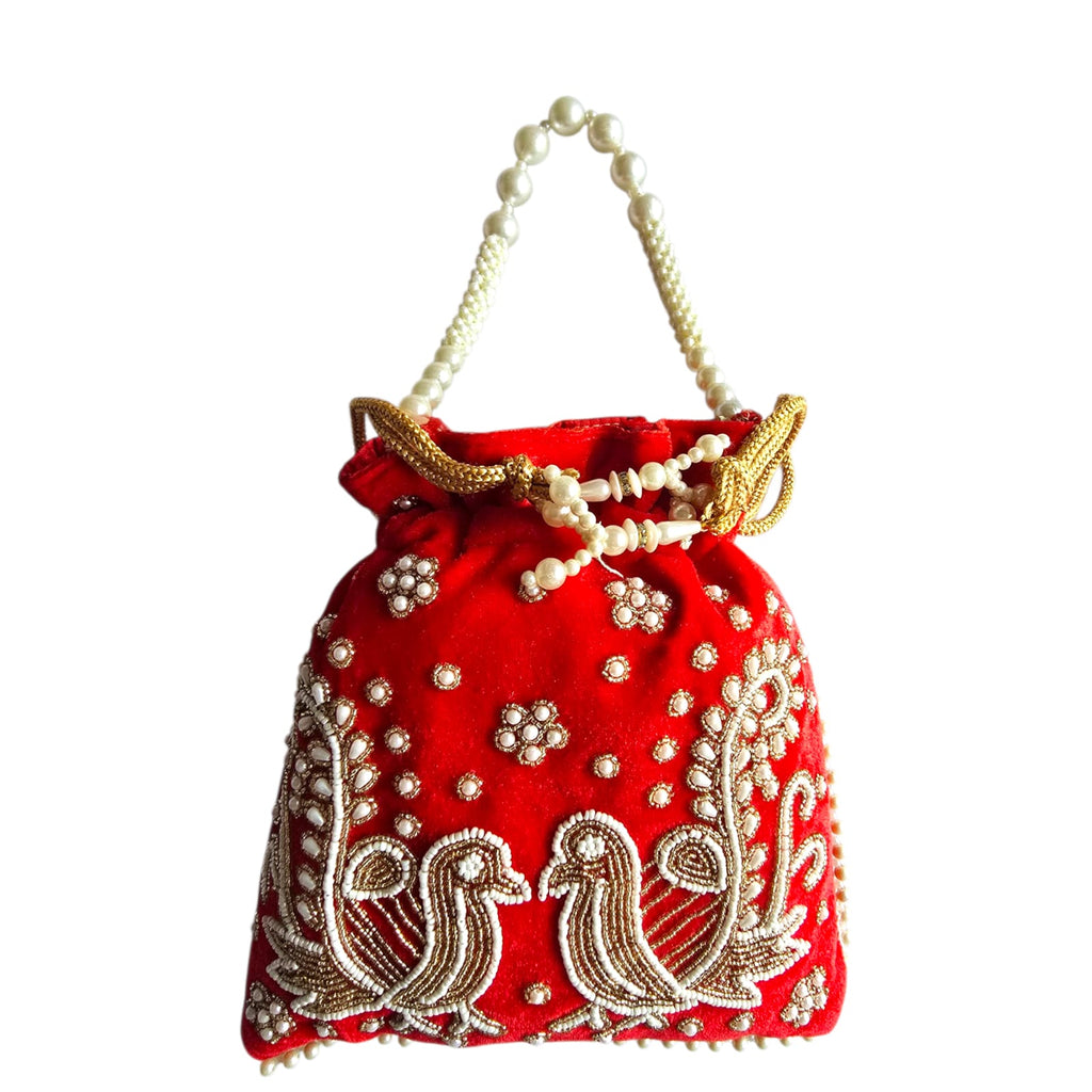 Dms Retail Women S Velvet Embroidered Potli Bag With Pearl Handle