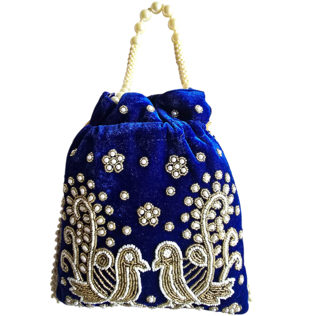 Women’s Velvet Embroidered Potli Bag with Pearl Handle & Peacock