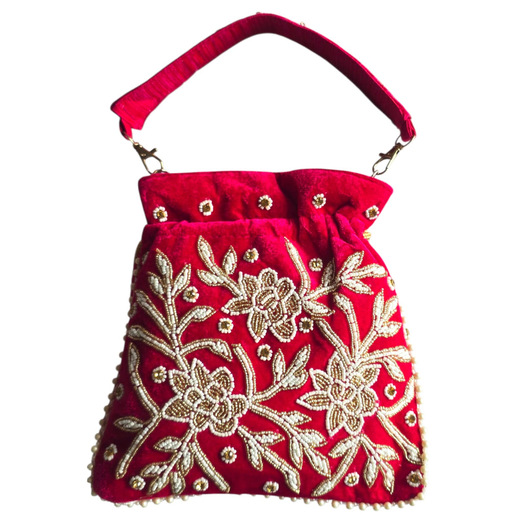 Dms Retail Women S Velvet Embroidered Belt Potli Bag With Pearl