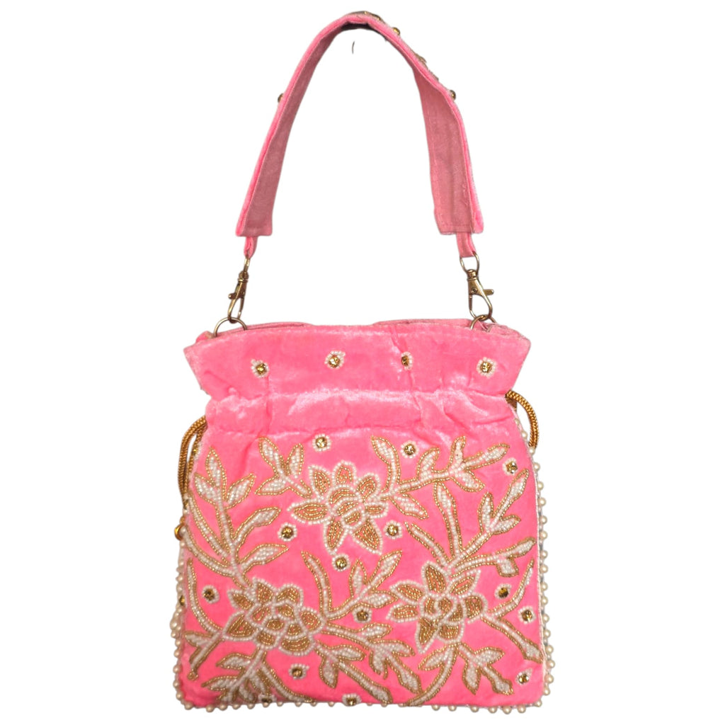 Women’s Velvet Embroidered Belt Potli Bag with Pearl Tassels
