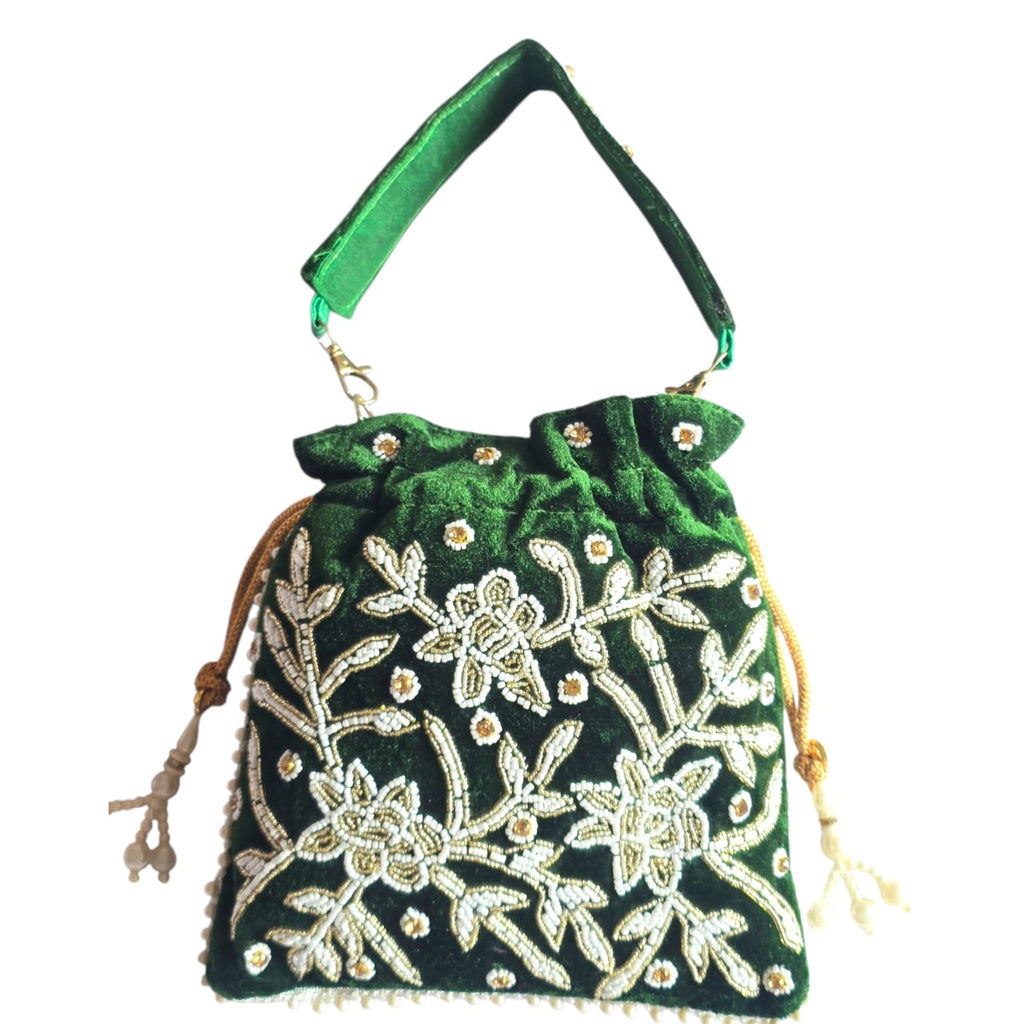 Dms Retail Women S Velvet Embroidered Belt Potli Bag With Pearl