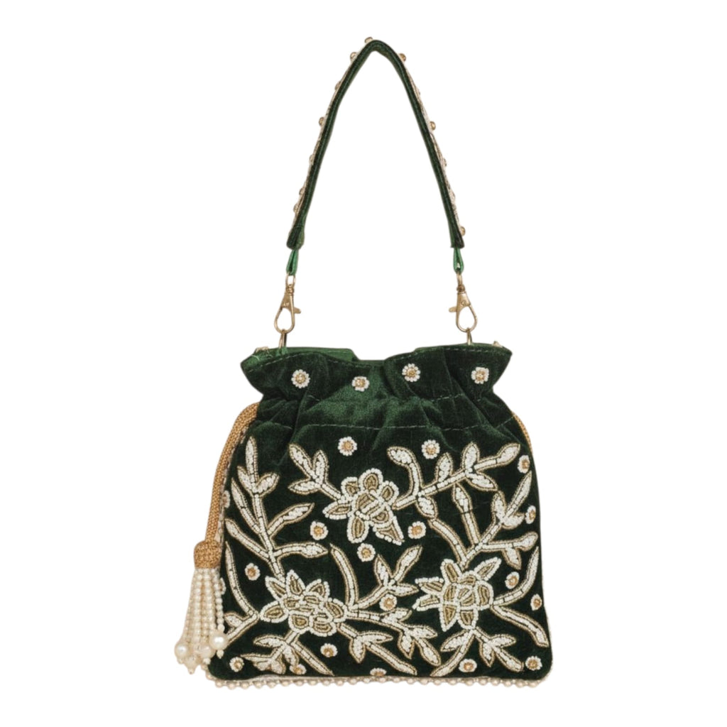 Dms Retail Women S Velvet Embroidered Belt Potli Bag With Pearl