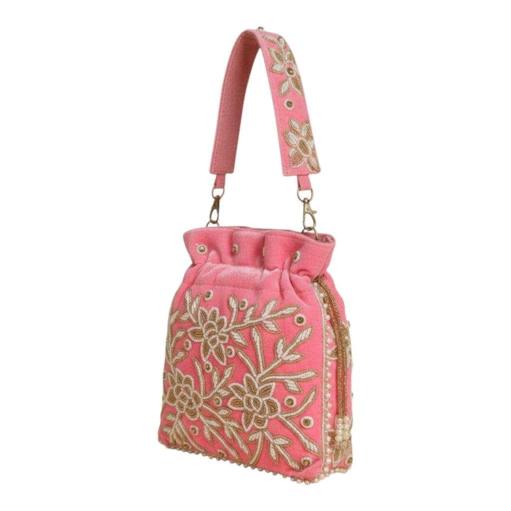 Dms Retail Women S Velvet Embroidered Belt Potli Bag With Pearl