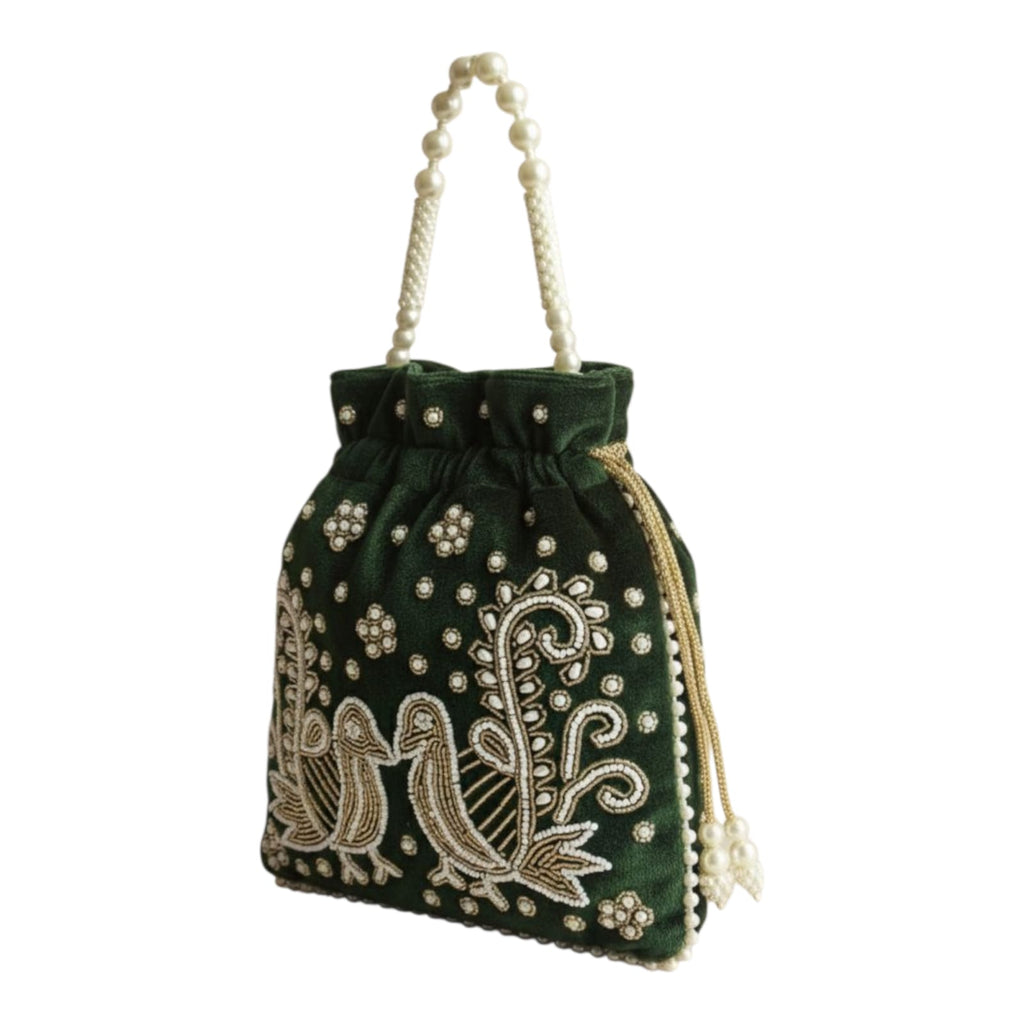 Dms Retail Women S Velvet Embroidered Potli Bag With Pearl Handle