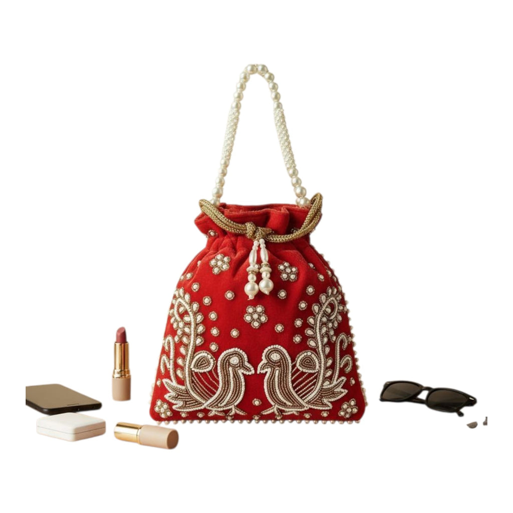 Dms Retail Women S Velvet Embroidered Potli Bag With Pearl Handle