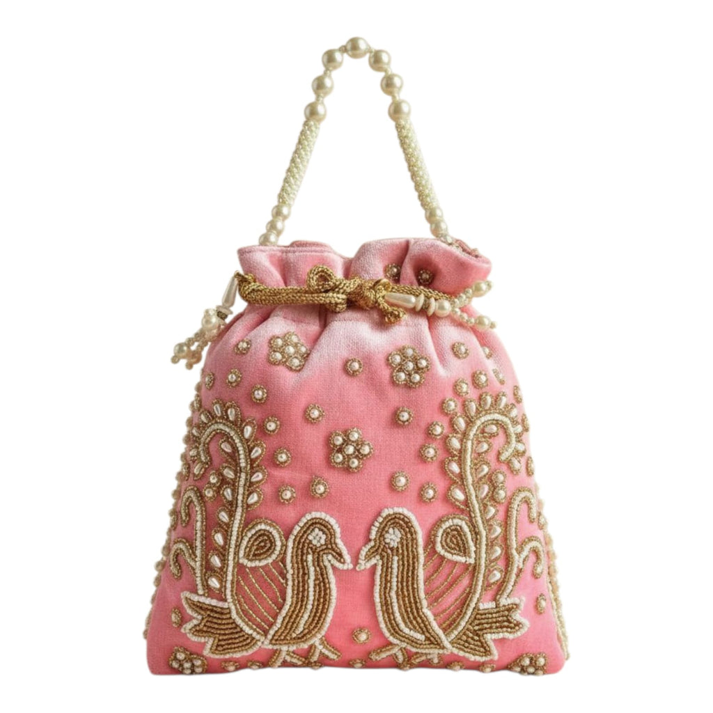 Dms Retail Women S Velvet Embroidered Potli Bag With Pearl Handle