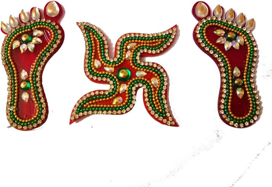 Multicolor Diamond Studded Combo of Acrylic Laxmi Feet Swastik Sticker ...