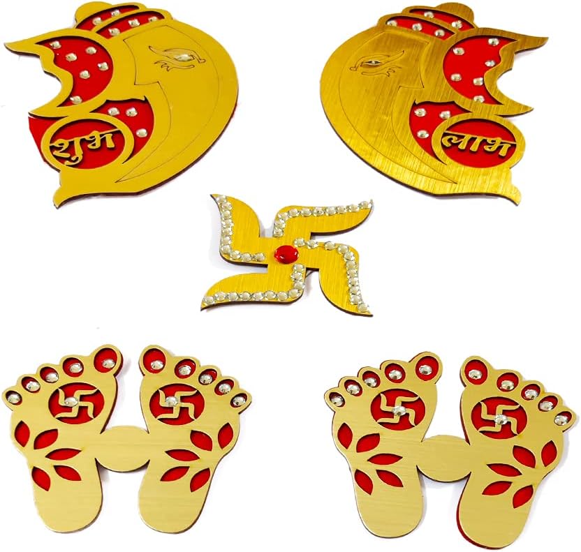 Multicolor Wooden Ganesh Swastik Laxmi Feet Shubh Labh Sticker for