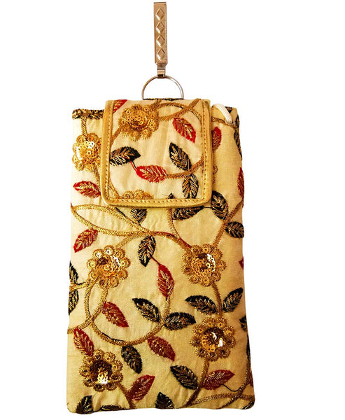 Multicolored Golden Ethnic Embroidered Mobile Pouch for Women with Waist Clip and Belt dmsretail