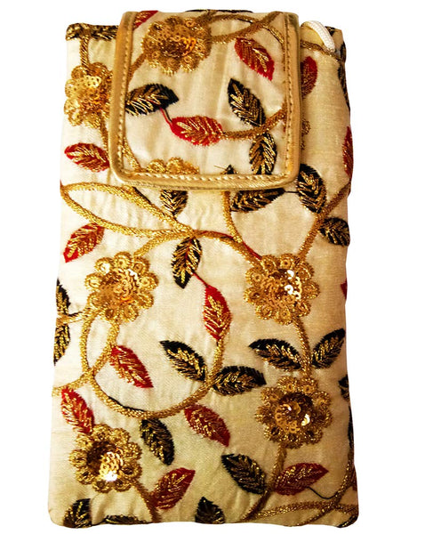 Multicolored Golden Ethnic Embroidered Mobile Pouch for Women with Waist Clip and Belt dmsretail