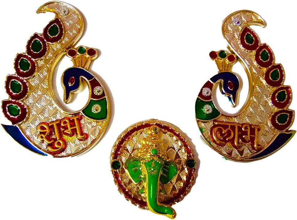 Multicolour Metal Peacock Shubh Labh Ganesh Sticker for Wall Door