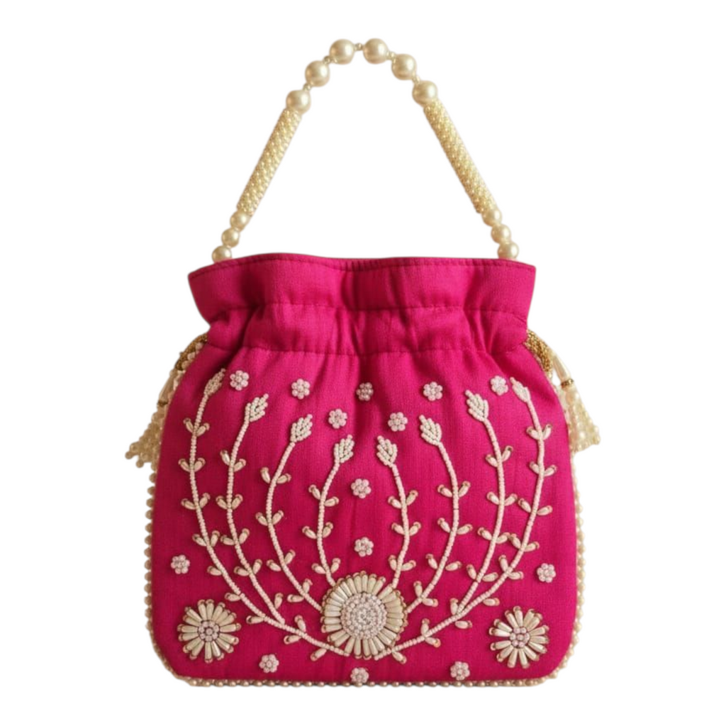 Dms Retail Women Pearl Embroidered Potli Bag With Beaded Handle