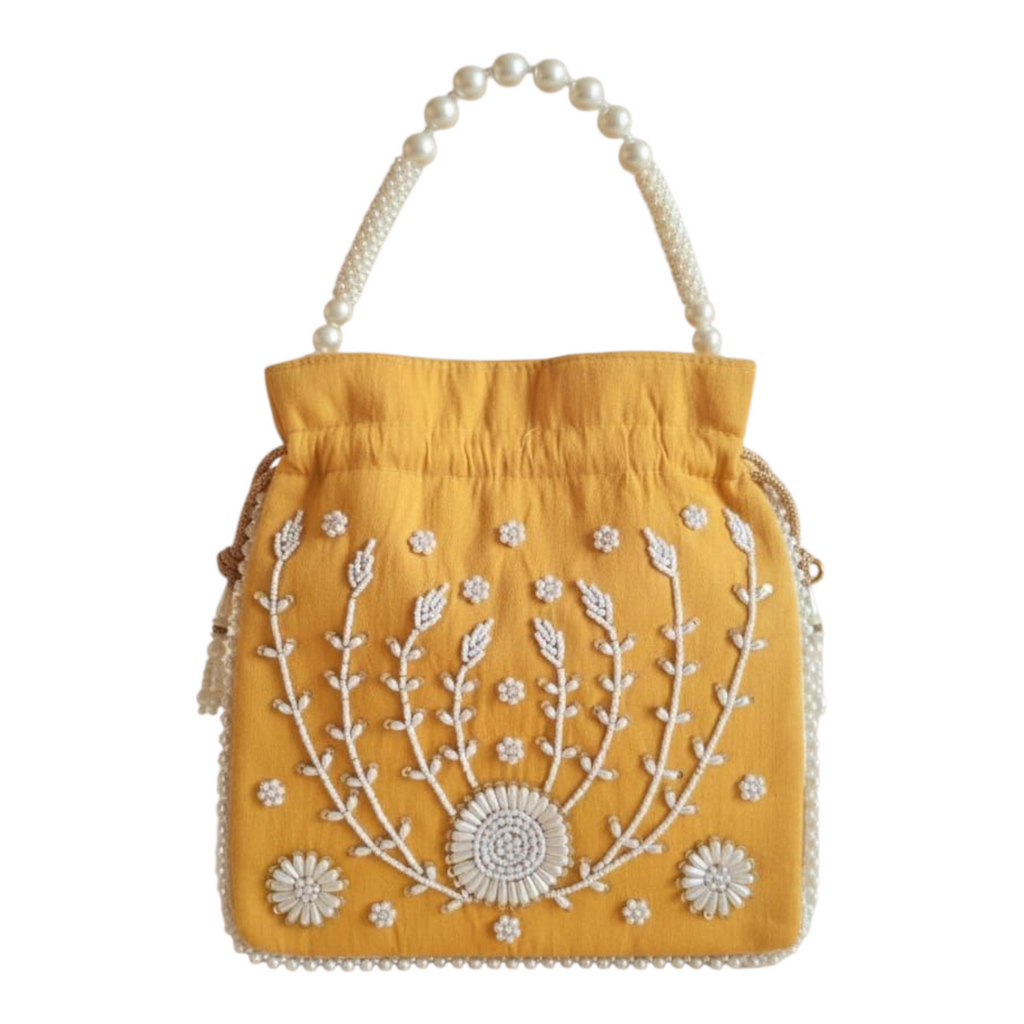 Dms Retail Women Pearl Embroidered Potli Bag With Beaded Handle