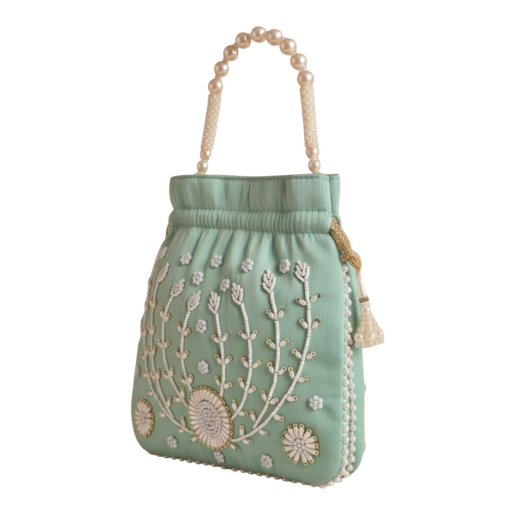 Women Pearl Embroidered Potli Bag with Beaded Handle