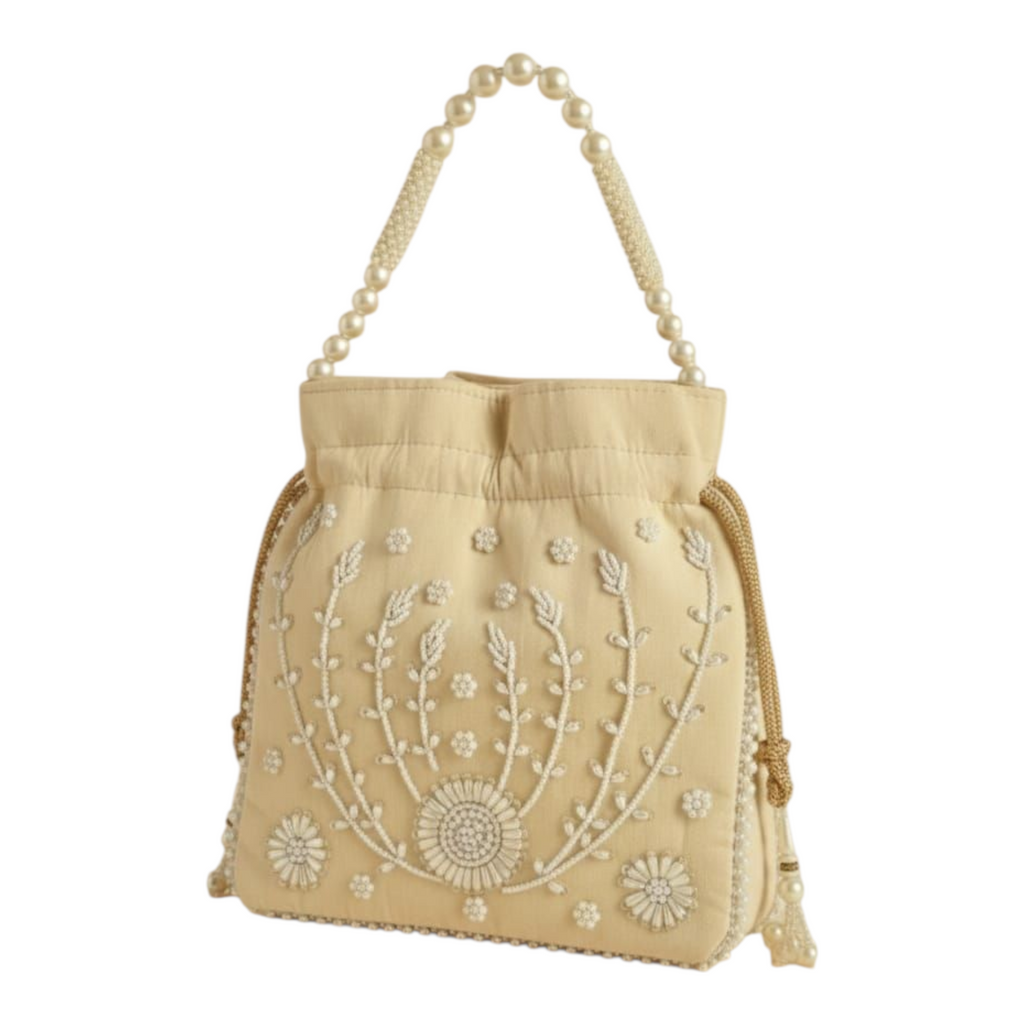 Dms Retail Women Pearl Embroidered Potli Bag With Beaded Handle