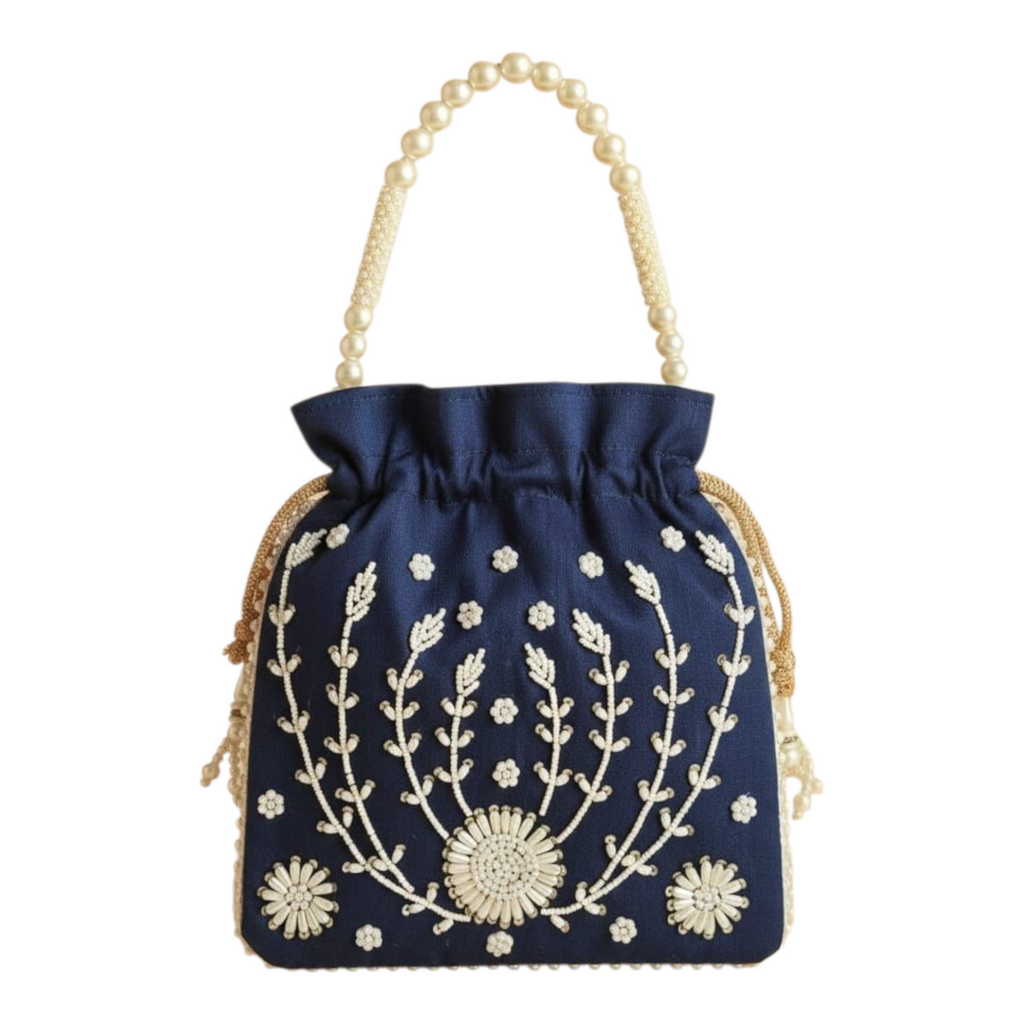 Dms Retail Women Pearl Embroidered Potli Bag With Beaded Handle