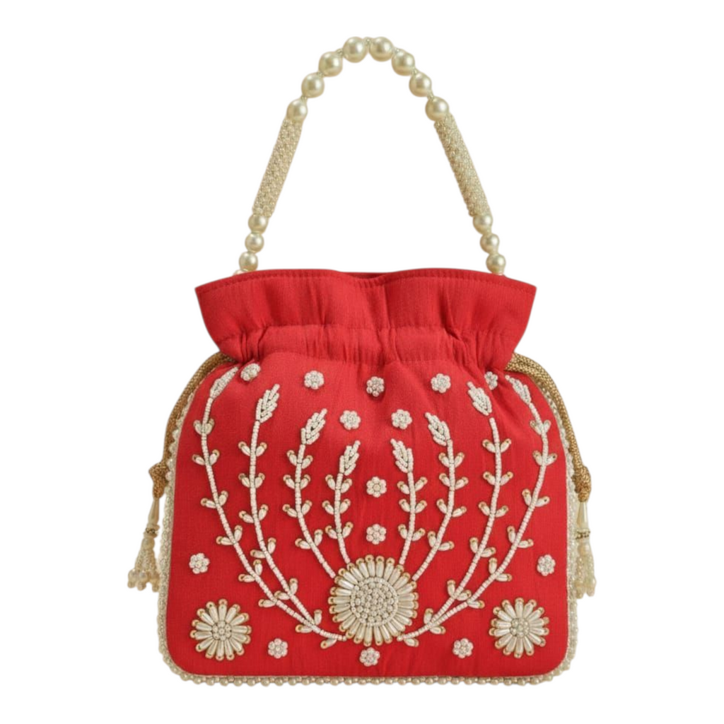 Dms Retail Women Pearl Embroidered Potli Bag With Beaded Handle