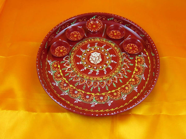 Red Decorative Designer Stainless Steel Puja Thali Set with Diys Kum Kumkum Holder for Temple and Home| Decorative Rakhi Thali|Tilak Thali|Kankavati for Pooja Thali dmsretail