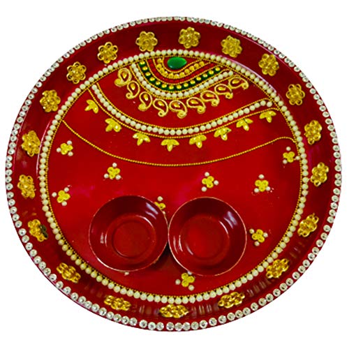 Red Decorative Designer Stainless Steel Puja Thali Set with Kumkum Holder Cum Diya Holder for Temple and Home Decorative Rakhi Thali Tilak Thali Kankavati for Pooja Thali dmsretail