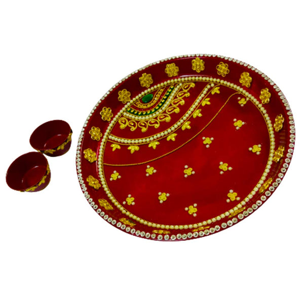 Red Decorative Designer Stainless Steel Puja Thali Set with Kumkum Holder Cum Diya Holder for Temple and Home Decorative Rakhi Thali Tilak Thali Kankavati for Pooja Thali dmsretail