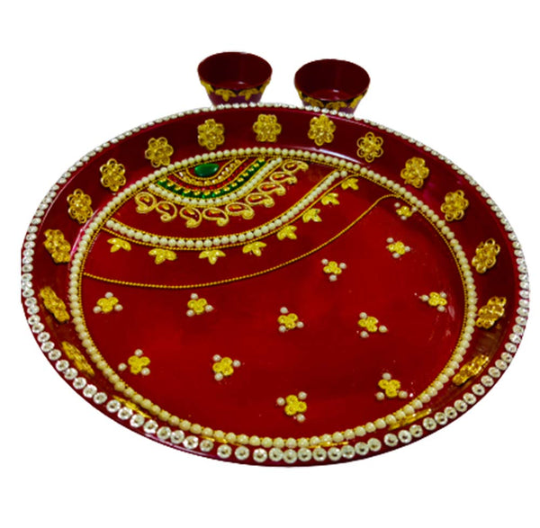 Red Decorative Designer Stainless Steel Puja Thali Set with Kumkum Holder Cum Diya Holder for Temple and Home Decorative Rakhi Thali Tilak Thali Kankavati for Pooja Thali dmsretail