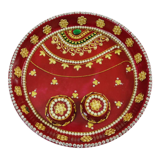 Red Decorative Designer Stainless Steel Puja Thali Set with Kumkum Holder Cum Diya Holder for Temple and Home Decorative Rakhi Thali Tilak Thali Kankavati for Pooja Thali dmsretail