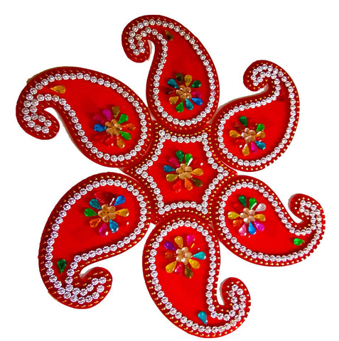 Red Keri Design Acrylic Stone Studded Rangoli for Diwali Decoration Floor Decoration - 5 Pcs Set - 11 Inches dmsretail