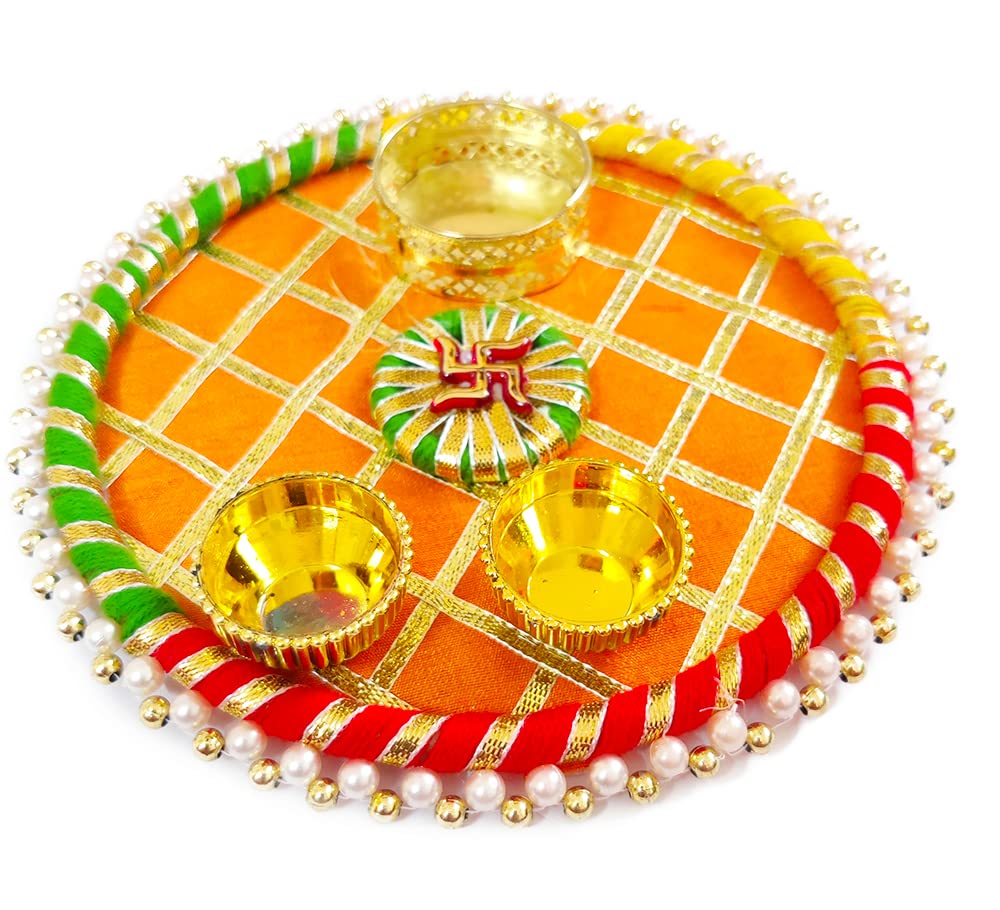 Wooden Handcrafted Pooja Thali with Kumkum Holder Decorative Rakhi Thali Engagement Thali Rakshabandhan Thali Tilak Thali Aarti Thali Wedding Return Favour Items dmsretail