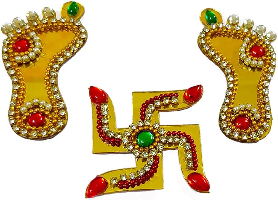 Wooden Laxmi Feet and Swastik Stickers for Floor Decoration|Diwali Decoration for Home|Door Entrance Stickers -Pack of 3 dmsretail
