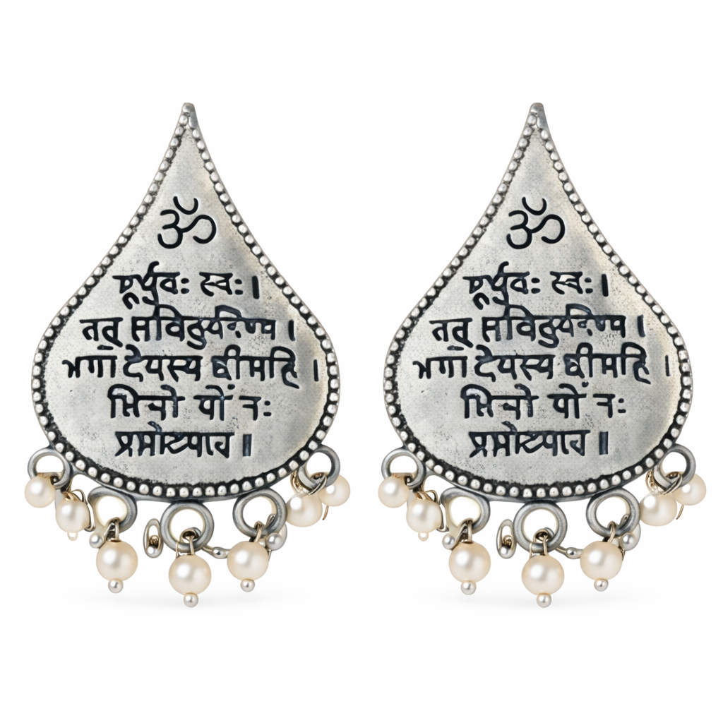 Oxidised Silver Om Mantra Earrings for Women | Sanskrit Engraved Pearl Drop Ethnic Earrings | Traditional Antique Jewellery
