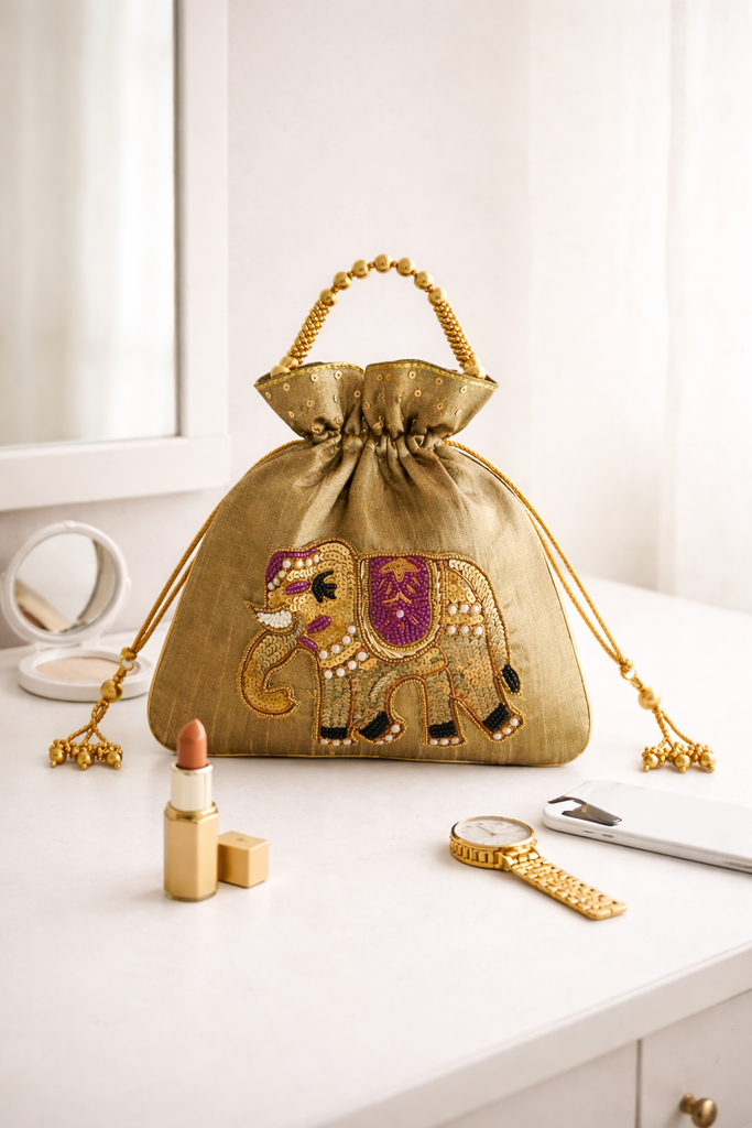 DMS RETAIL Handcrafted Royal Elephant Embroidered Potli Bag for Women | Raw Silk Bridal Clutch with Golden Beads Handle | Ethnic Wedding Purse for Party, Festive & Gift Use