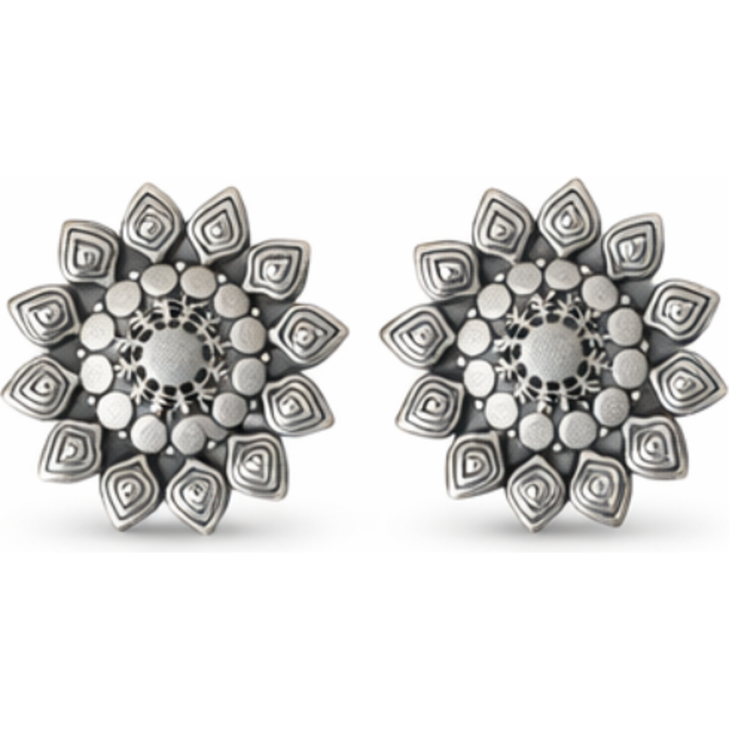 DMS RETAIL Oxidised Silver Floral Stud Earrings for Women
