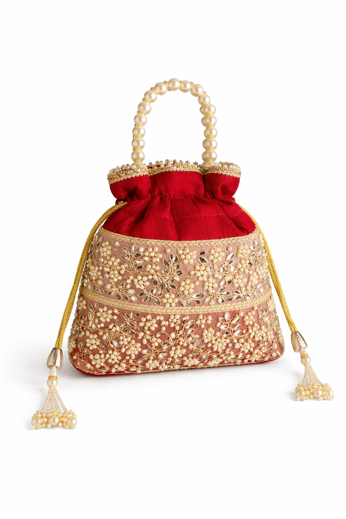 DMS RETAIL Designer Pearl Jadtar Potli Bag for Women | Embroidered Ethnic Clutch with Pearl Handle | Wedding, Bridal, Festive Potli Purse for Lehenga, Saree