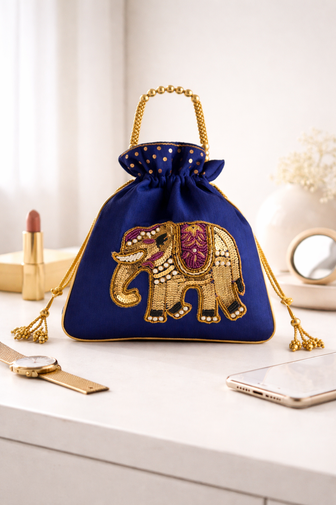 DMS RETAIL Handcrafted Royal Elephant Embroidered Potli Bag for Women | Raw Silk Bridal Clutch with Golden Beads Handle | Ethnic Wedding Purse for Party, Festive & Gift Use