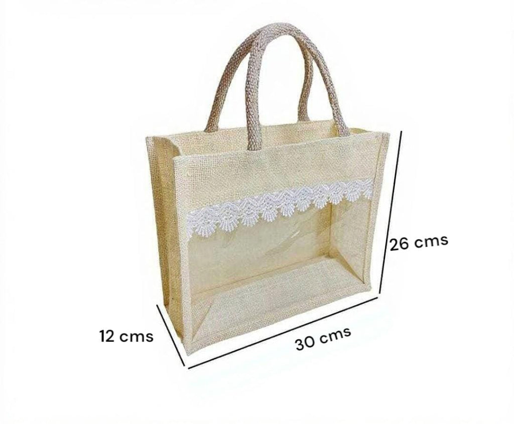 30x26x12cm | Medium |Transparent Window Jute Gift Bag with Lace Design – Ideal for Gifting & Display | 1pc
