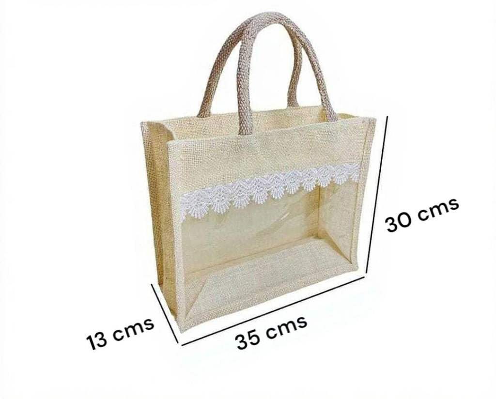 35x30x13cm | Large |Transparent Window Jute Gift Bag with Lace Design – Ideal for Gifting & Display | 1pc