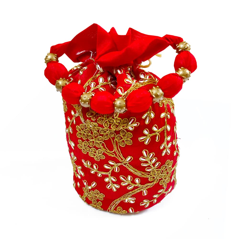 DMS RETAIL Raw-Silk Designer Polti Bag for Women with Golden Embroidery with Drawstring Potli Bag for Wedding (Yellow)
