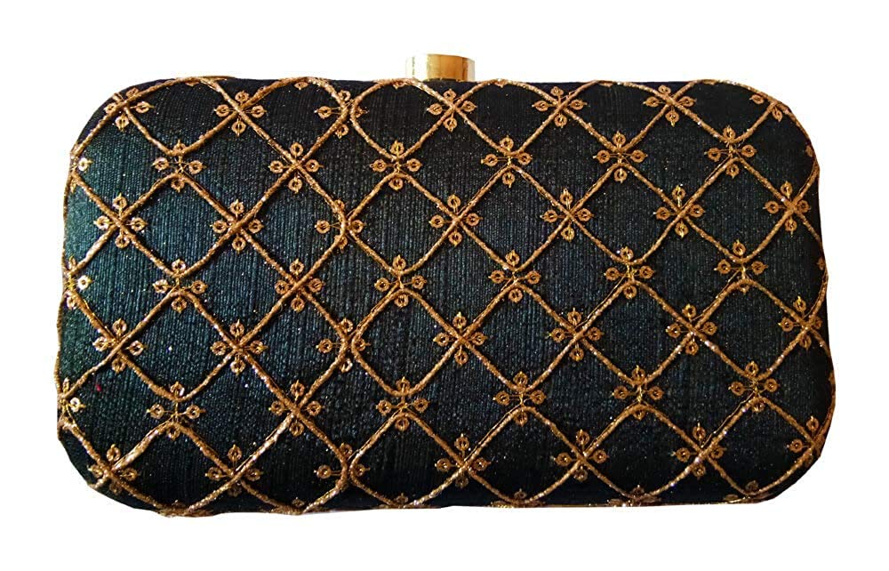 DMS RETAIL Hand Emroidered Box Clutch With Detachable Sling For Party Evening Clutch (Navy Blue)