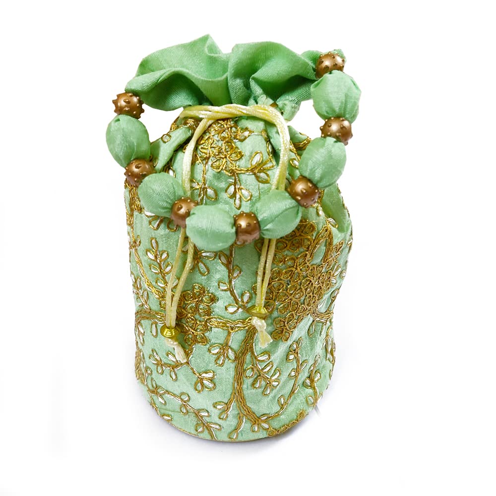 DMS RETAIL Raw-Silk Designer Polti Bag for Women with Golden Embroidery with Drawstring Potli Bag for Wedding (Yellow)