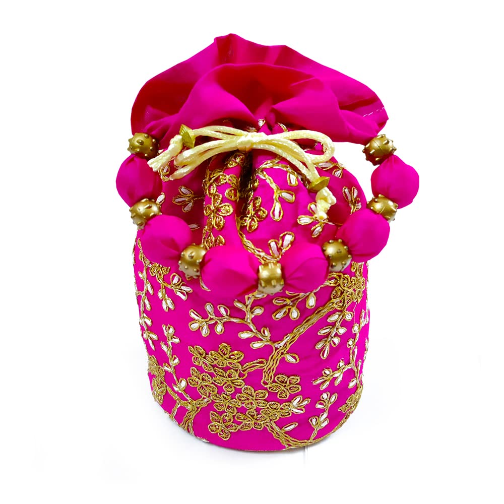 DMS RETAIL Raw-Silk Designer Polti Bag for Women with Golden Embroidery with Drawstring Potli Bag for Wedding (Yellow)