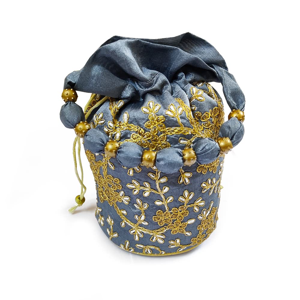 DMS RETAIL Raw-Silk Designer Polti Bag for Women with Golden Embroidery with Drawstring Potli Bag for Wedding (Yellow)