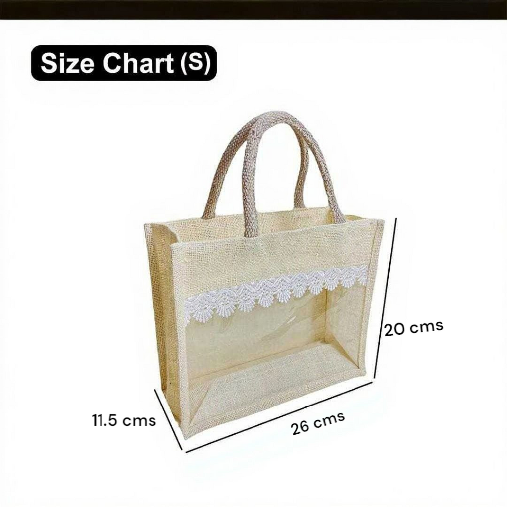 26x20x11.5cm | Small |Transparent Window Jute Gift Bag with Lace Design – Ideal for Gifting & Display | 1pc