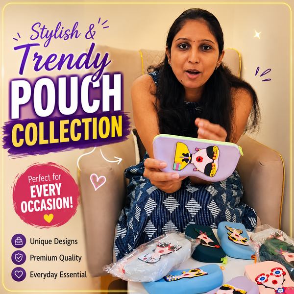 A woman sits in a beige armchair holding a lavender pencil pouch with a cartoon cow design. Several other colorful pencil cases are spread out on a table in front of her.