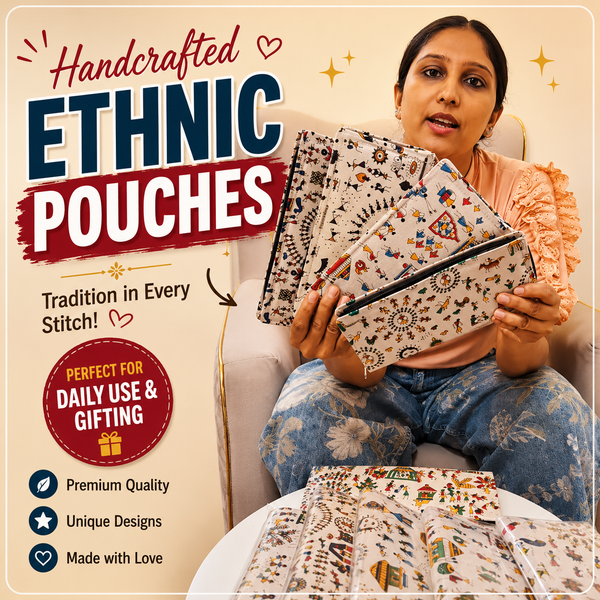A woman holds up two patterned fabric pouches in a home setting, with more matching pouches on a table in front of her. The image features promotional text overlays highlighting 'Handcrafted Ethnic Pouches' and listing features like 'Perfect for Daily Use & Gifting'.