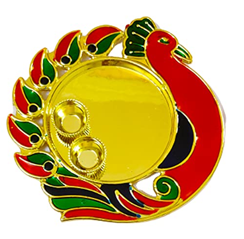 DMS RETAIL Acrylic Multicolor Peacock Pooja Thali with Kumkum Holder