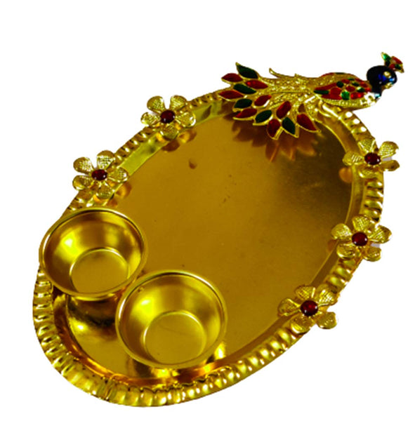 DMS RETAIL Acrylic Peacock Pooja Thali with Kumkum Holder Decorative Rakhi Thali|Tilak Thali|Engagement Platter|Kankavati for Pooja|Diwali Decoration for Home dmsretail