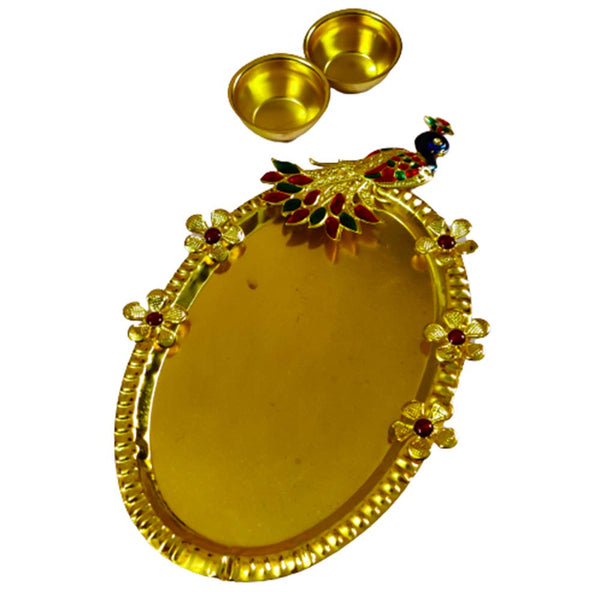 DMS RETAIL Acrylic Peacock Pooja Thali with Kumkum Holder Decorative Rakhi Thali|Tilak Thali|Engagement Platter|Kankavati for Pooja|Diwali Decoration for Home dmsretail