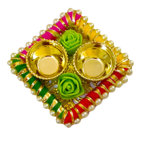 DMS RETAIL Acrylic Sqaure Pearl Pooja Thali Kankavati with Kumkum Holder Decorative Rakhi Thali Small dmsretail