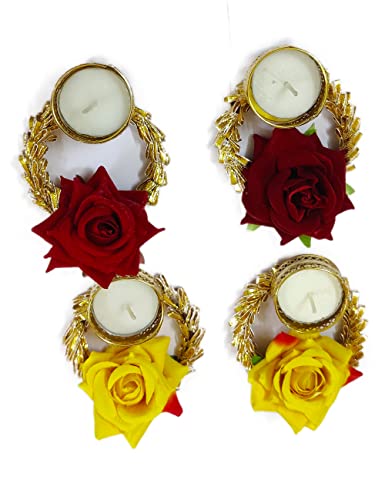 DMS RETAIL Artificial Flower Diya with Tea Light Candles for Diwali Decoration|Puja Decoration Pack of (6) dmsretail