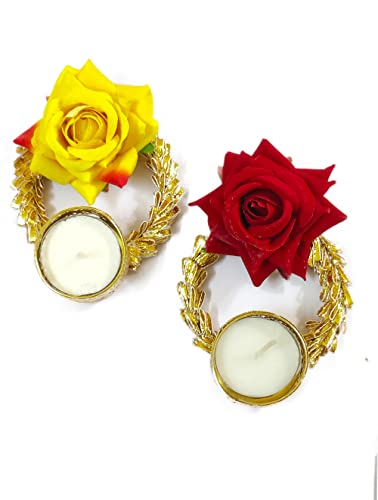 DMS RETAIL Artificial Flower Diya with Tea Light Candles for Diwali Decoration|Puja Decoration Pack of (6) dmsretail